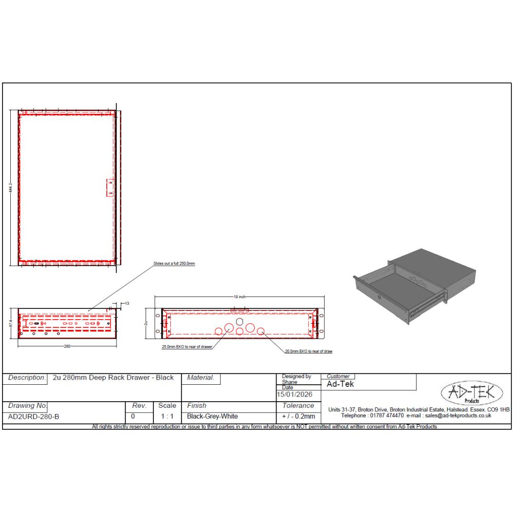 2U 19 inch Rack Mount Drawer - 280mm Deep - Grey