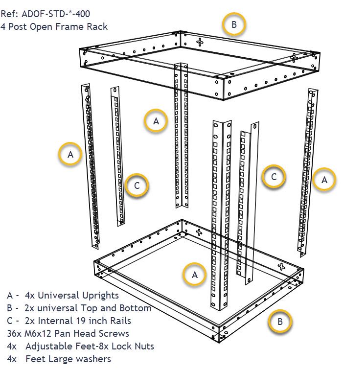 6u 4 Post Open Frame Rack - 19 inch - 400mm Deep - Black