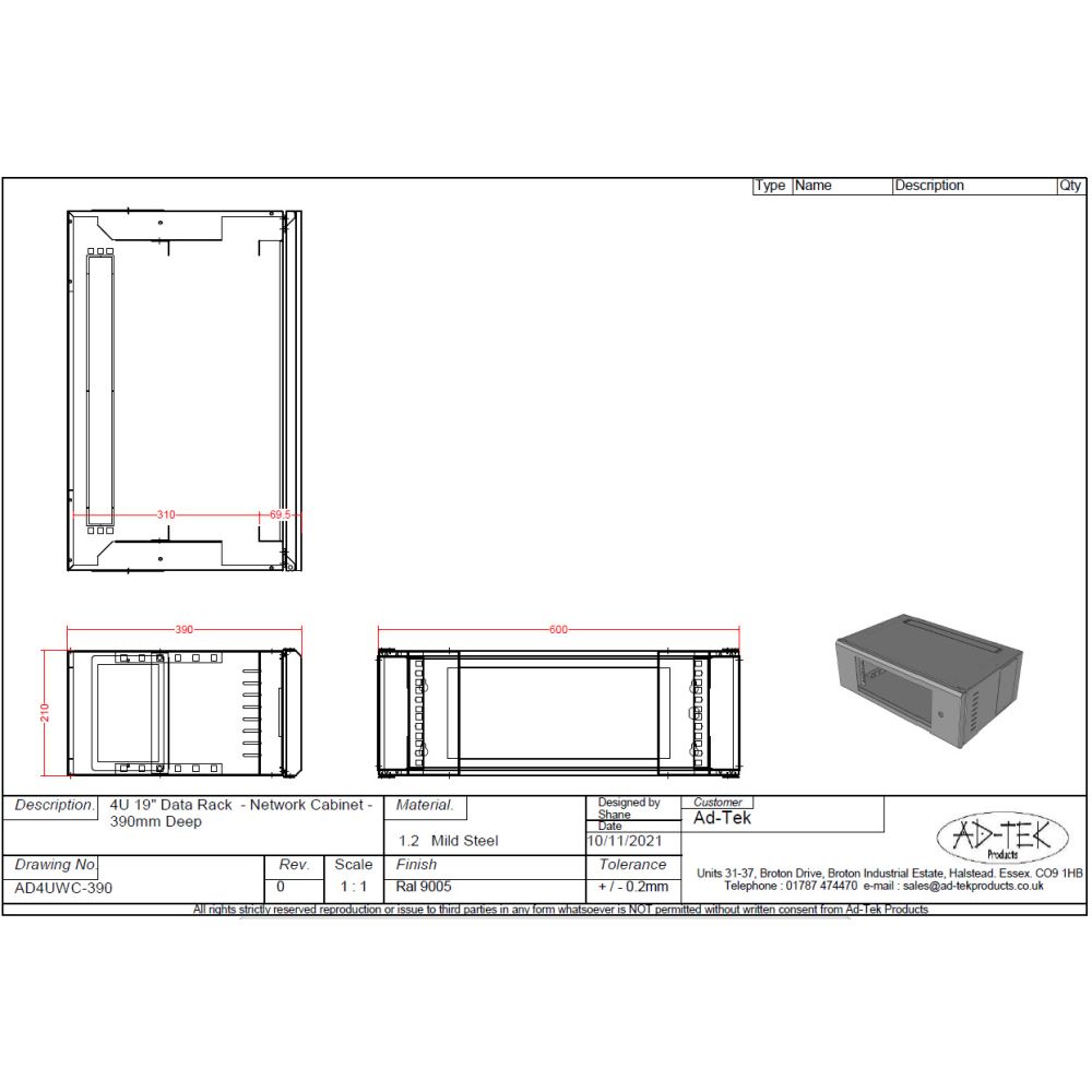 4U 19 inch Data Rack - Network - Server Cabinet Fixed Front and Adjustable Rear 19 inch Rails 390mm Deep - Black