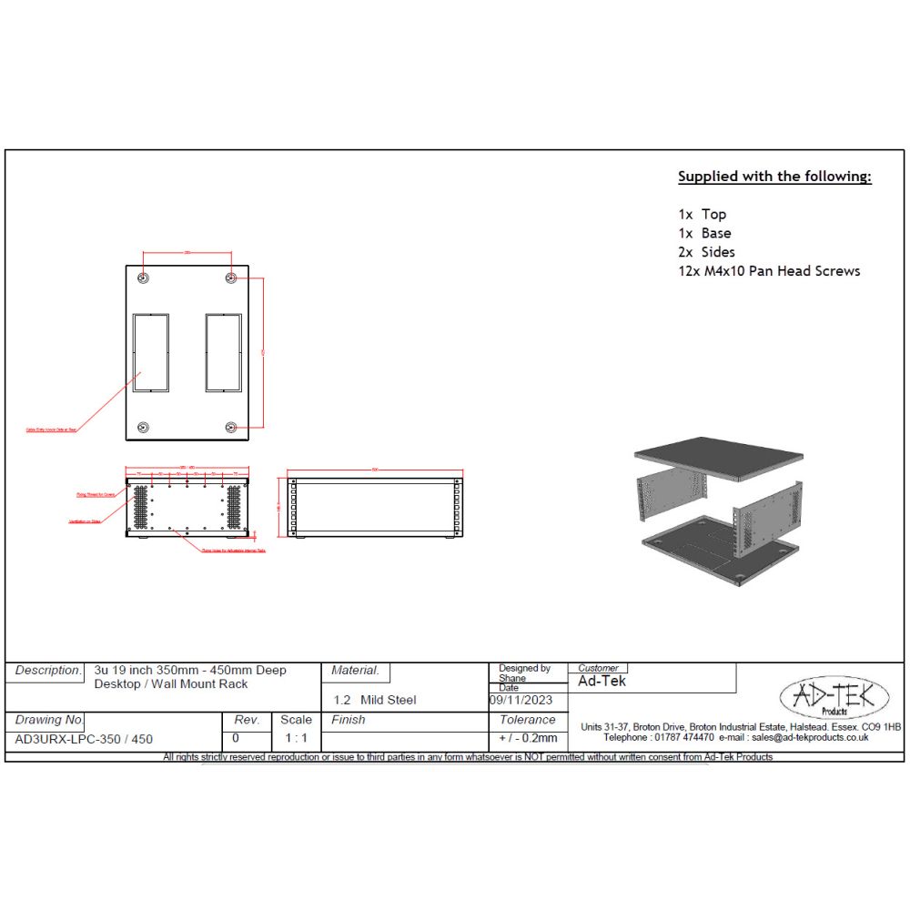 3u 19 inch Desktop - Free Standing - Vertical Wall Mounted Data Rack - 450mm Deep