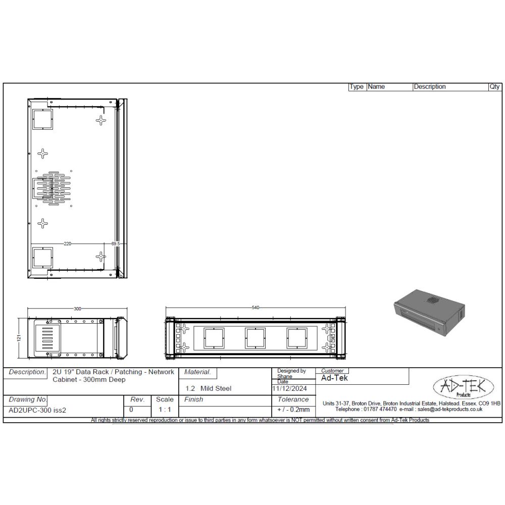 2U 19 inch Small Data Cabinet / Desktop / Wall Mounted / Patching Network Cabinet 300mm Deep - Grey