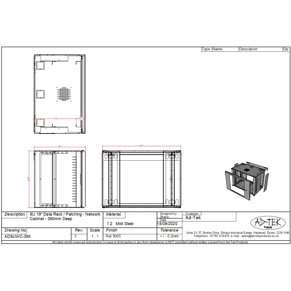 9U 19 inch Data Rack Cabinet - Networking Cabinet - Server Cabinet Fixed Front and Adjustable Rear 19 inch Rails 390mm Deep - Black