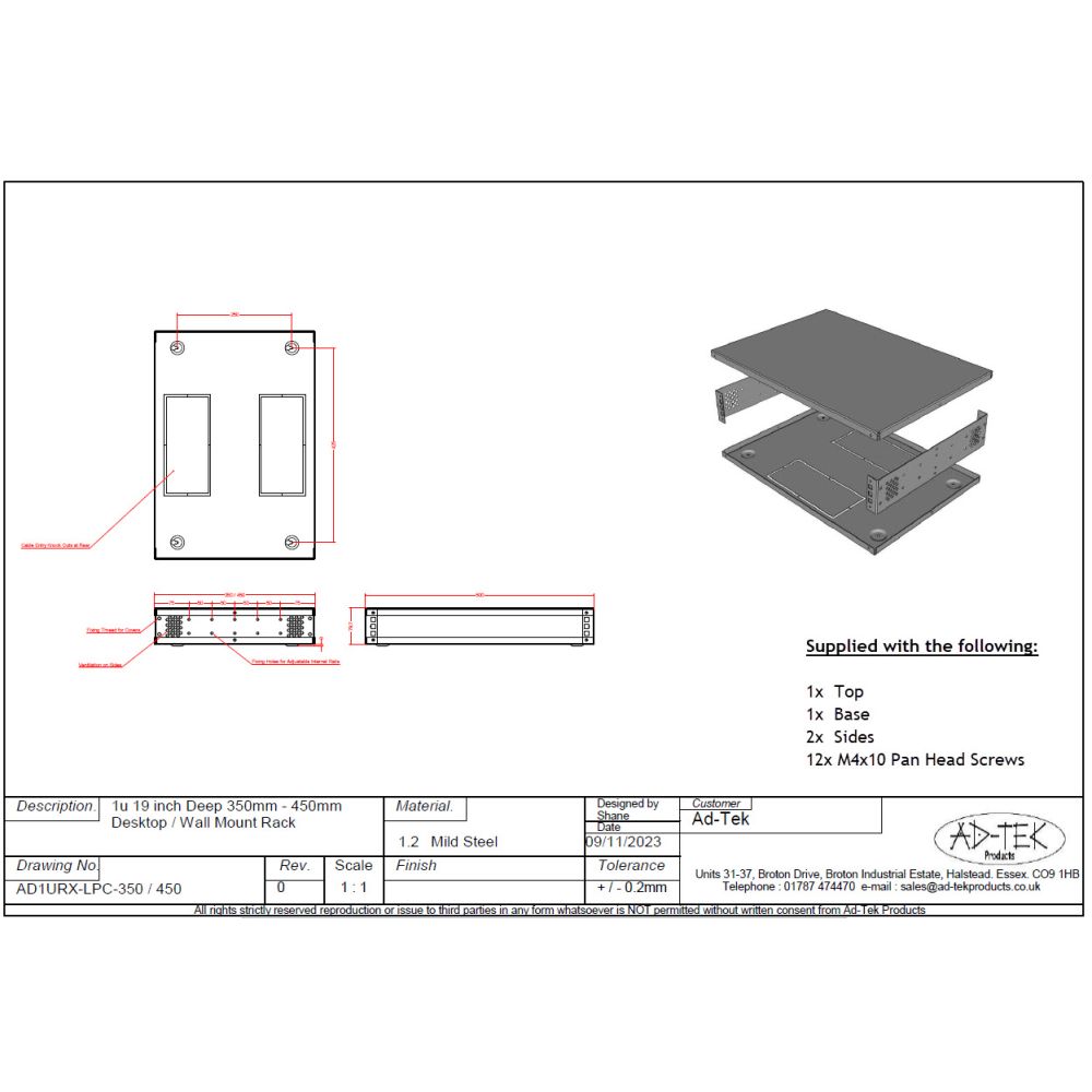 1u 19 inch Desktop - Free Standing - Vertical Wall Mounted Data Rack - 450mm Deep