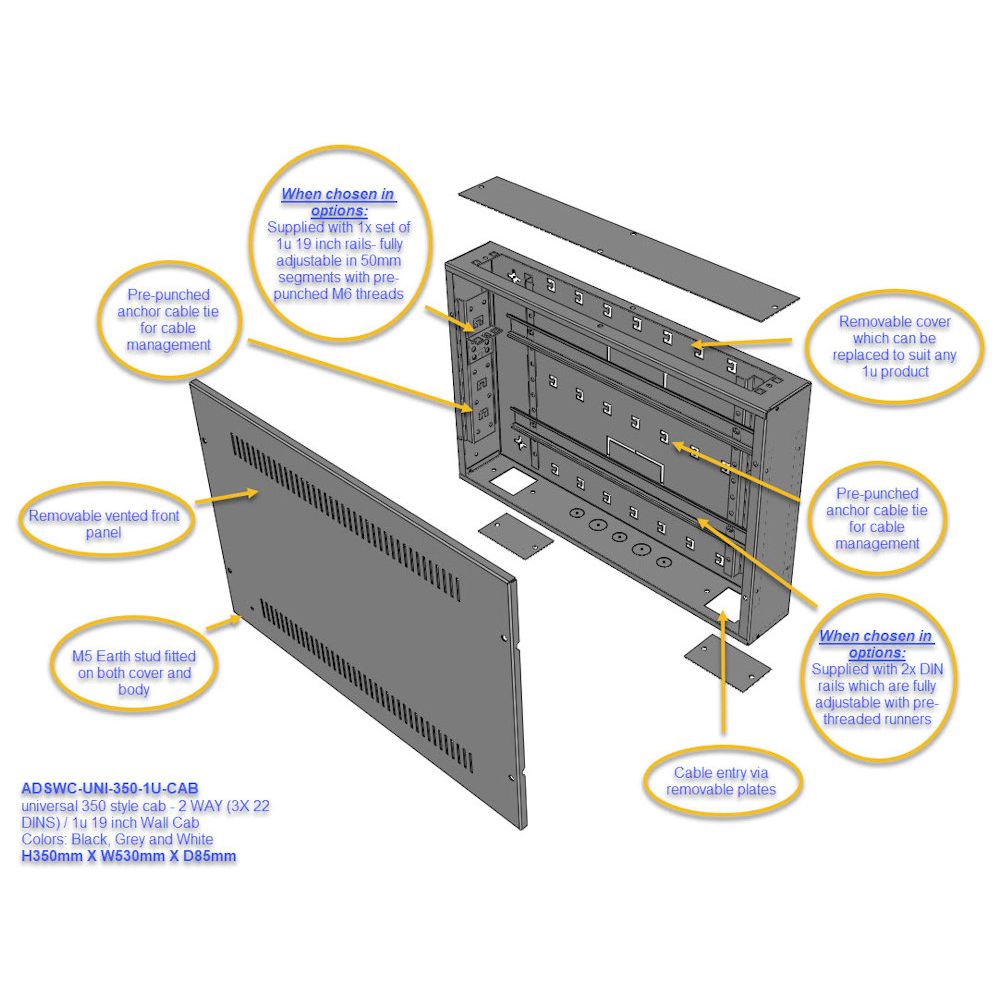 Universal Adjustable Enclosure - 2x 22 Way Module Dins / 1u Wall Box-350 Style - Black