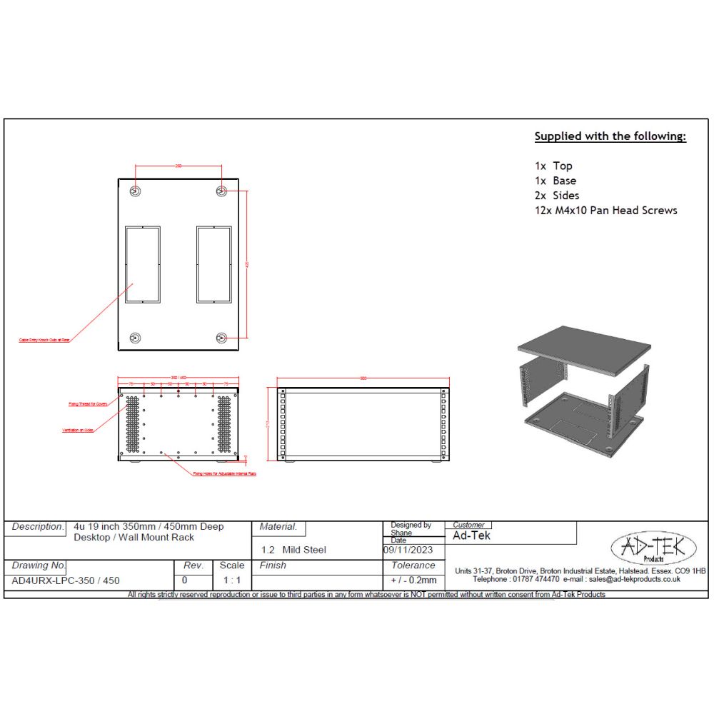 4u 19 inch Desktop - Free Standing - Vertical Wall Mounted Data Rack - 350mm Deep