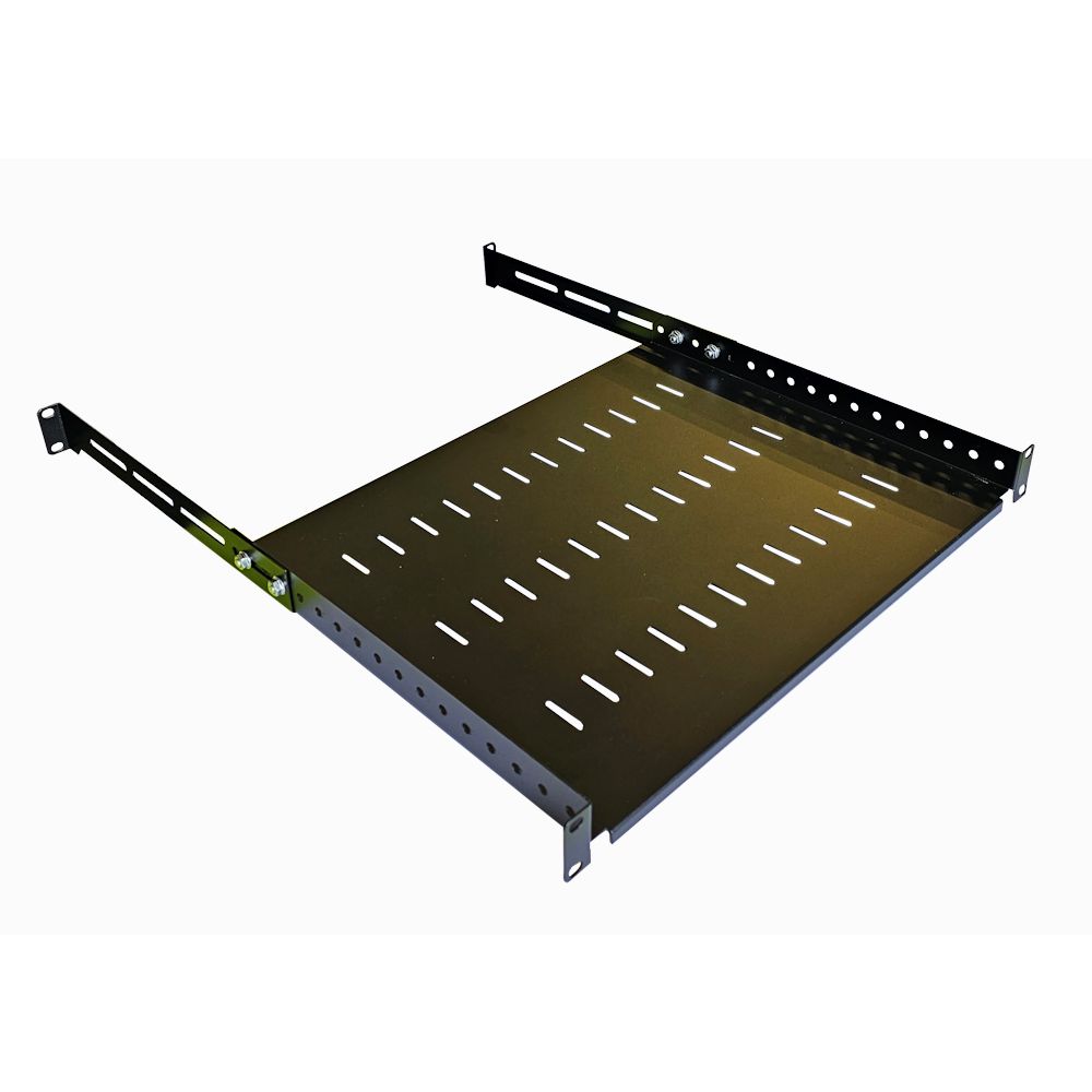 1U 19 Inch Adjustable Rack Mount Universal Shelf 350mm to 600mm Deep - Black