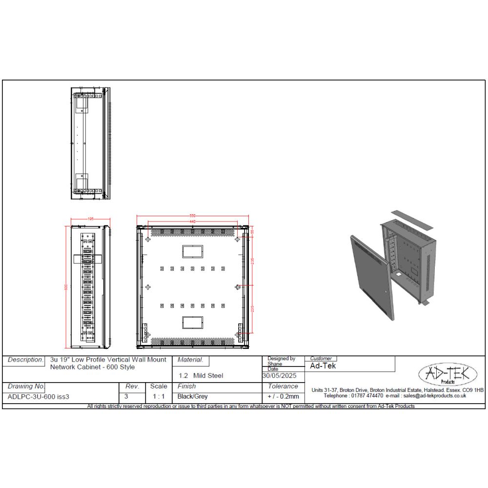 3U 19" Adjustable Low Profile Vertical Mount - Wall Mount Network / Server Cabinet - 600mm Deep-Grey