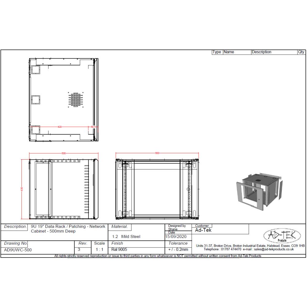9U 19 inch Data Rack Cabinet - Networking Cabinet - Server Cabinet Fixed Front and Adjustable Rear 19 inch Rails 500mm Deep - Black - Black