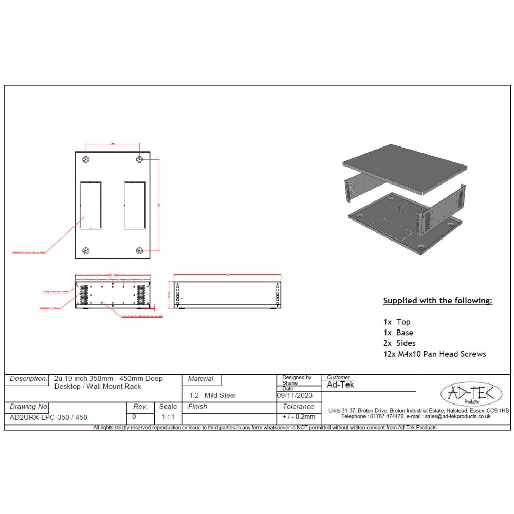2u 19 inch Desktop - Free Standing - Vertical Wall Mounted Data Rack - 450mm Deep