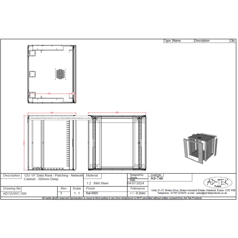12U 19 inch Data Rack Cabinet - Networking Cabinet - Server Cabinet Fixed Front and Adjustable Rear 19 inch Rails 500mm Deep - Black