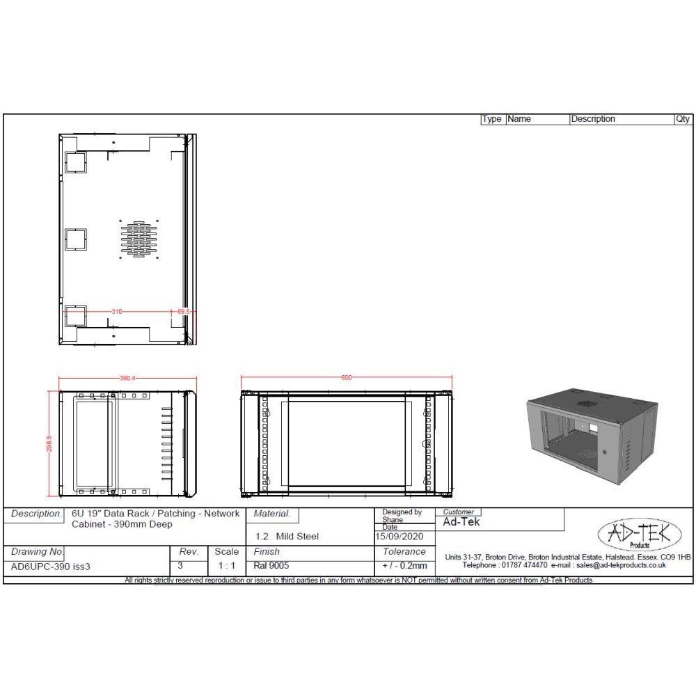 6U 19 inch Data Rack Cabinet - Networking Cabinet - Server Cabinet Fixed Front and Adjustable Rear 19 inch Rails 390mm Deep - Black