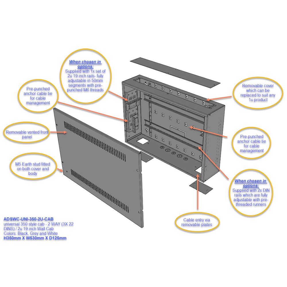 Universal Adjustable Enclosure - 2x 22 Way Module Dins / 2u Wall Box-350 Style - Black