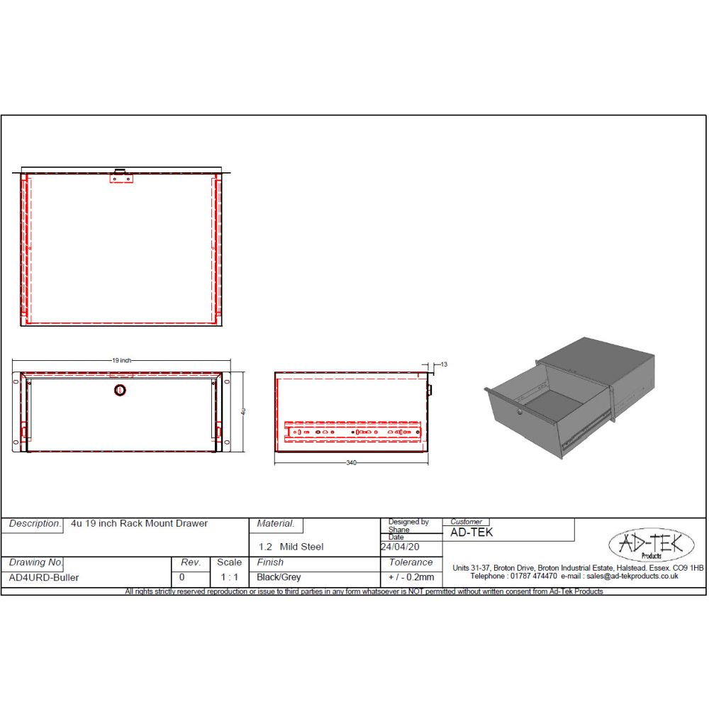 4U 19 inch Rack Mount Drawer - 340mm Deep - Grey