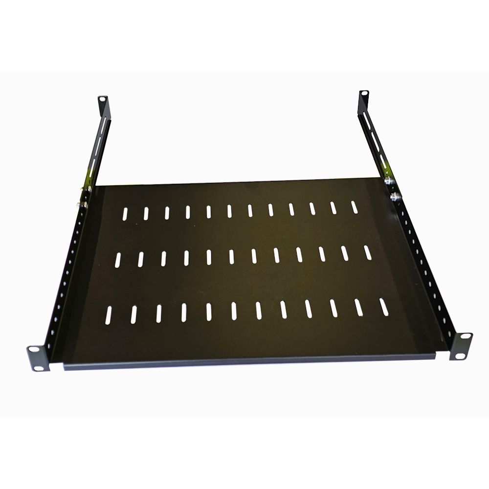 1U 19 Inch Adjustable Rack Mount Universal Shelf 350mm to 600mm Deep - Black