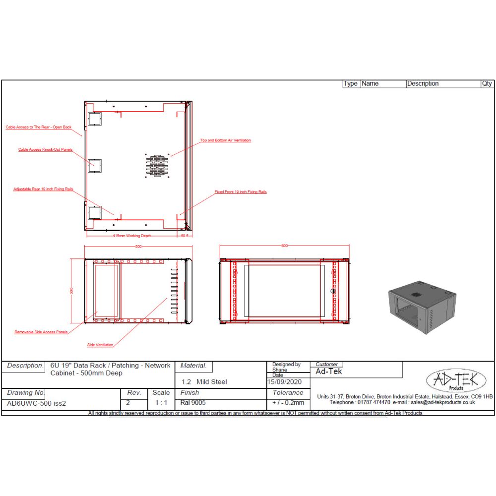 6U 19 inch Data Rack Cabinet - Networking Cabinet - Server Cabinet Fixed Front and Adjustable Rear 19 inch Rails 500mm Grey