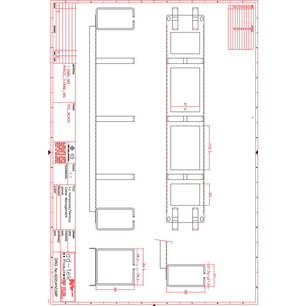 2U 7 Ring Horizontal/Vertical Cable Management Panel with cable entry