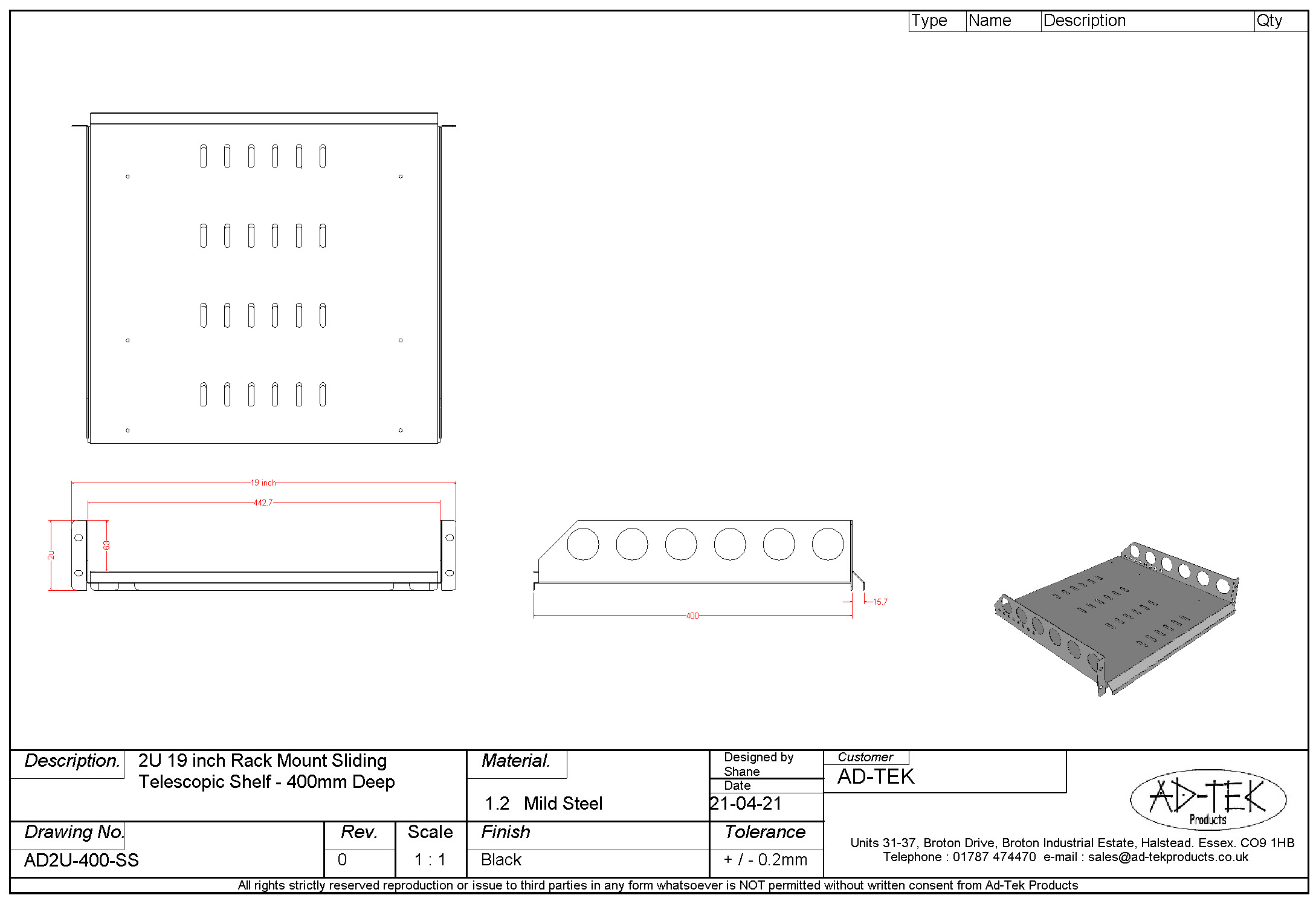 2u Rack Shelf 400mm/15.74 Deep R1194/2uk-400